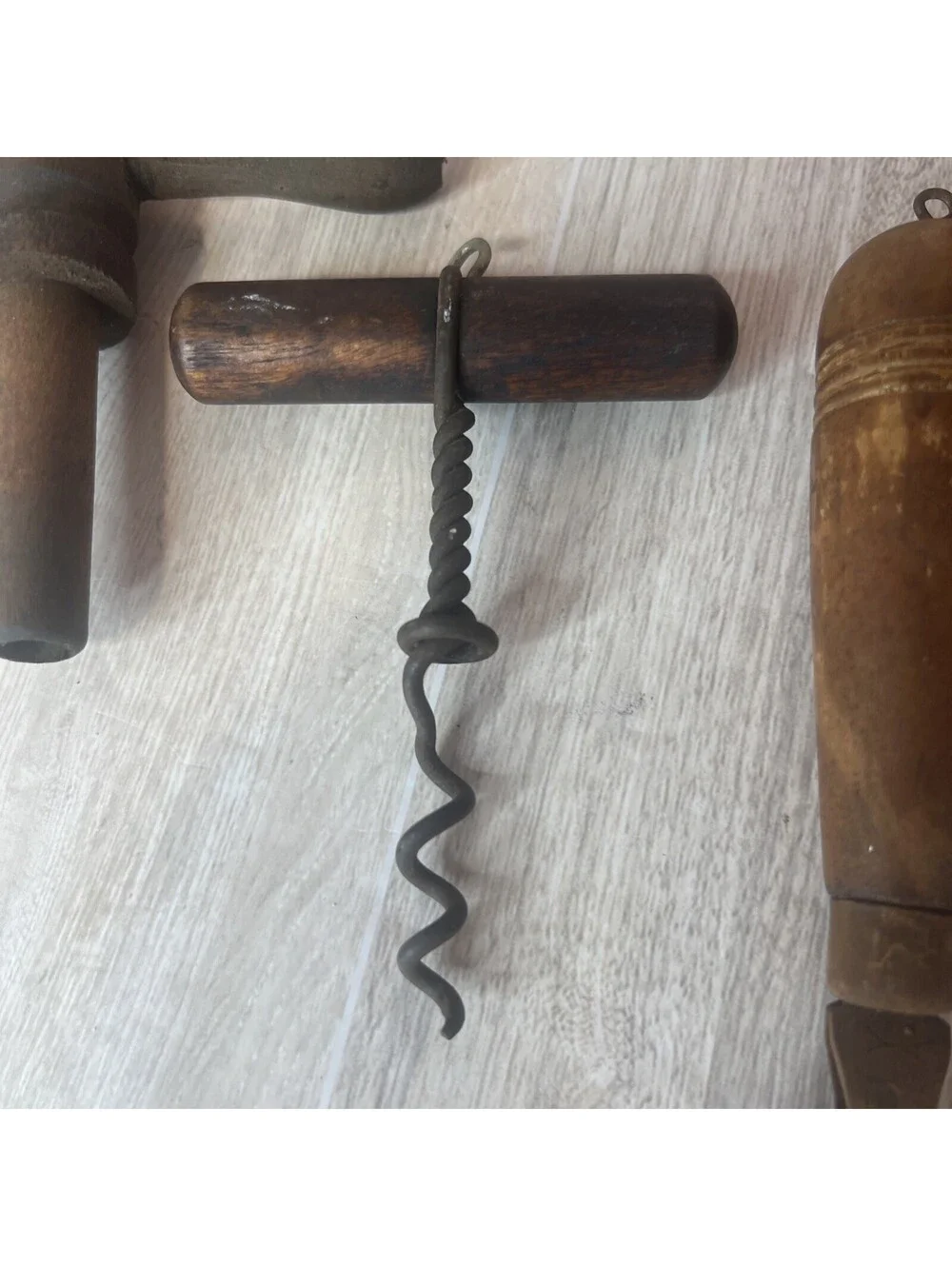 4 Antique Hand Tools Corkscrew Bottle Openers - Cutter - Faucet - WOOD HANDLES